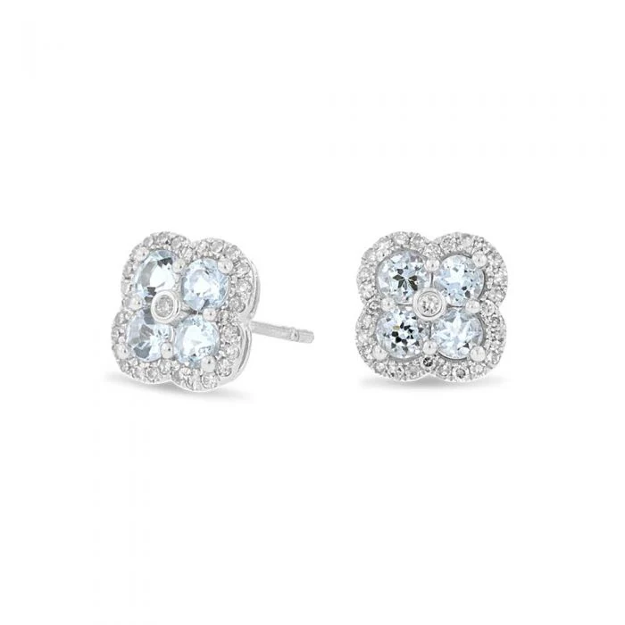 Aquamarine & 0.22ct Diamond Shamrock Stud Earrings in 9ct White Gold - Image 2