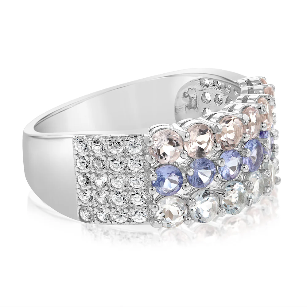 Aquamarine, Morganite, Tanzanite & White Zirconia Ring Set in Silver - Image 2