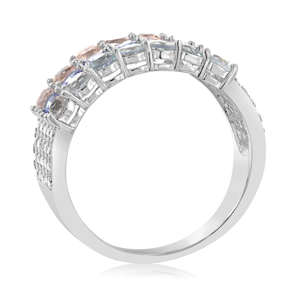 Aquamarine, Morganite, Tanzanite & White Zirconia Ring Set in Silver - Image 3