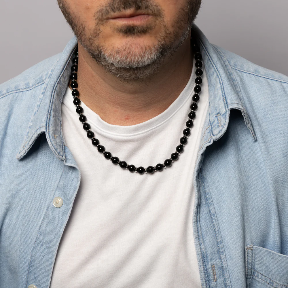 Black Beaded Necklace with Silver Spacers - Image 3