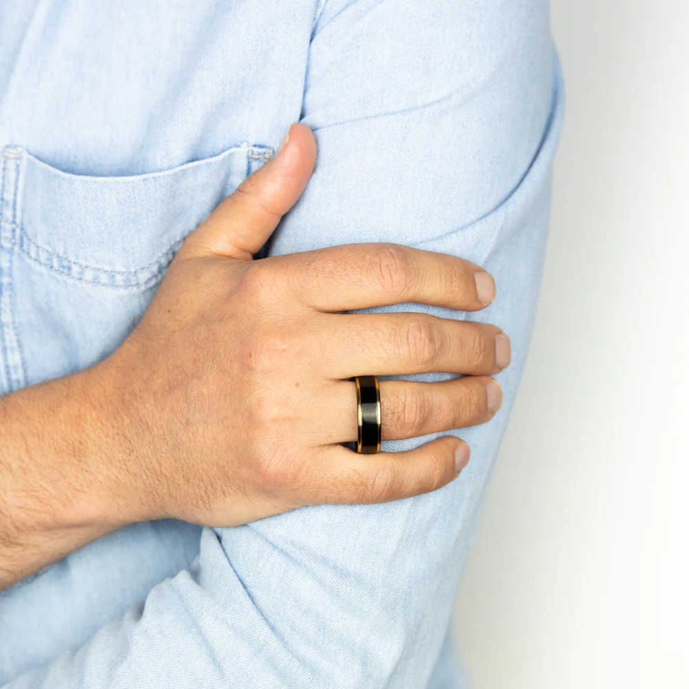Black Middle Stripe Rose Gold Tungsten Ring - Image 2