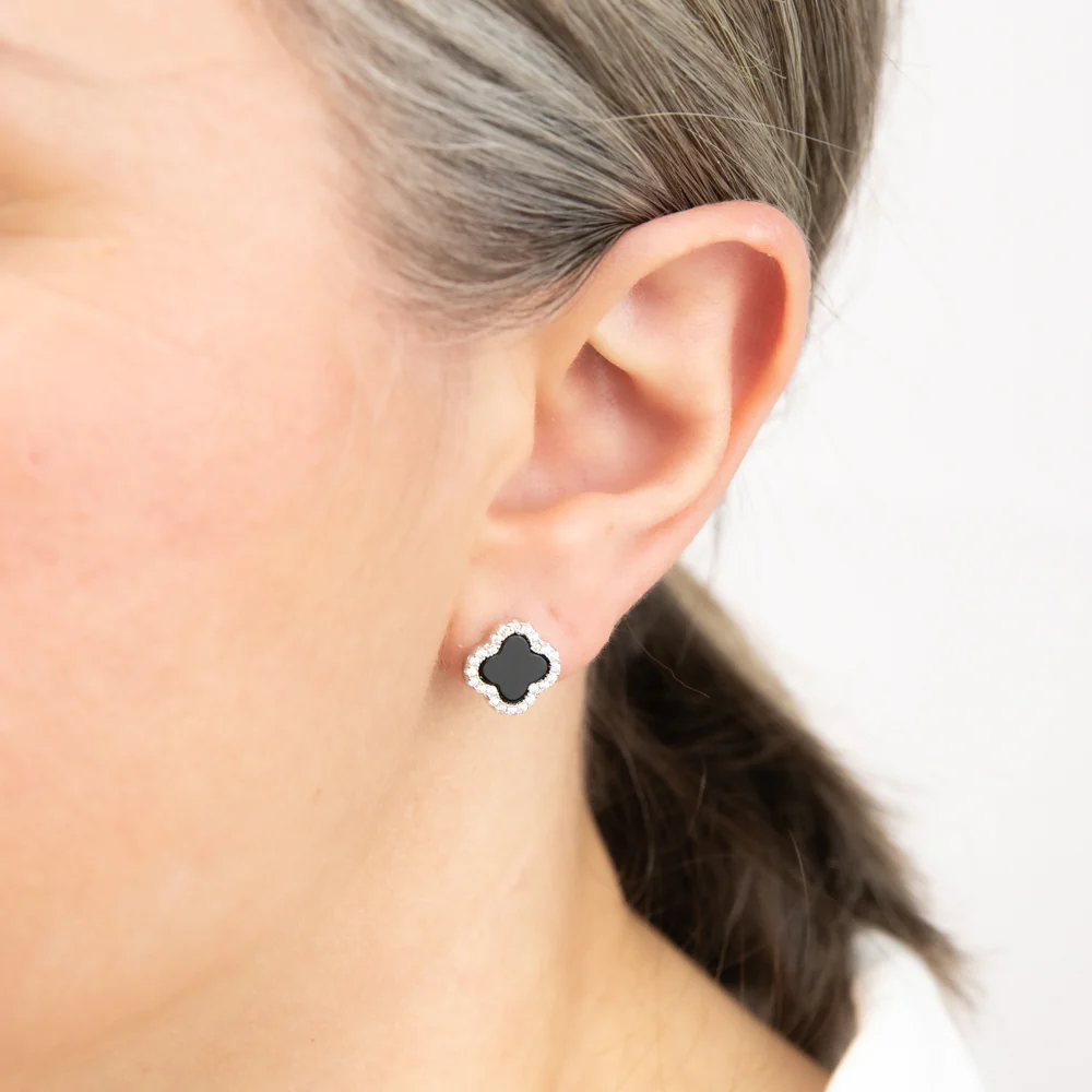 Clover Black Agate & White Cubic Zirconia Stud Earrings in Sterling Silver Rhodium Plated - Image 2