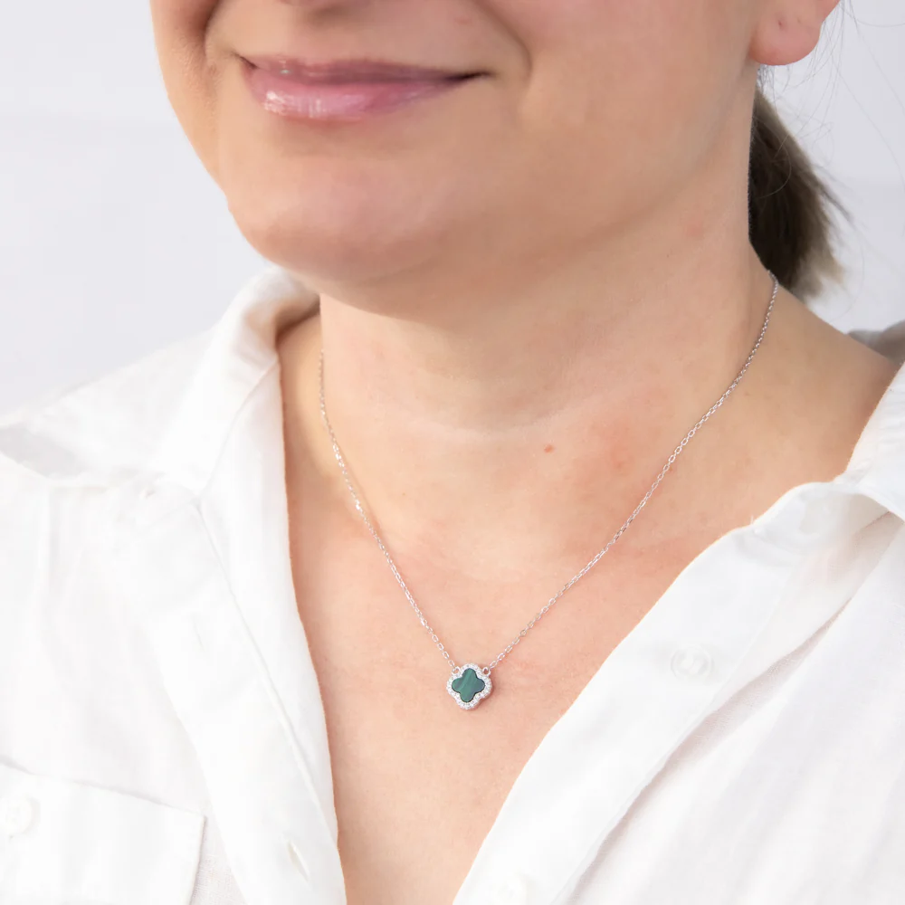 Clover Malachite And White Cubic Zirconia Pendant on 45cm Chain in Sterling Silver Rhodium Plated - Image 2