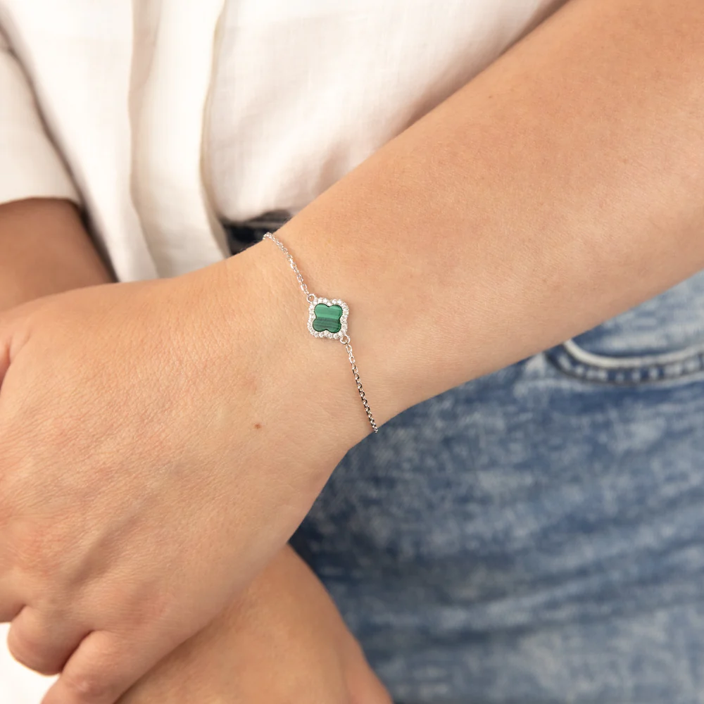 Clover Malachite & White Cubic Zirconia 19cm Bracelet in Sterling Silver Rhodium Plated - Image 3