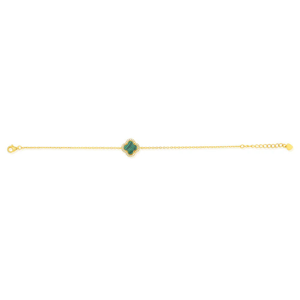 Clover Malachite & White Cubic Zirconia 20cm Bracelet in Gold Plated Silver - Image 2