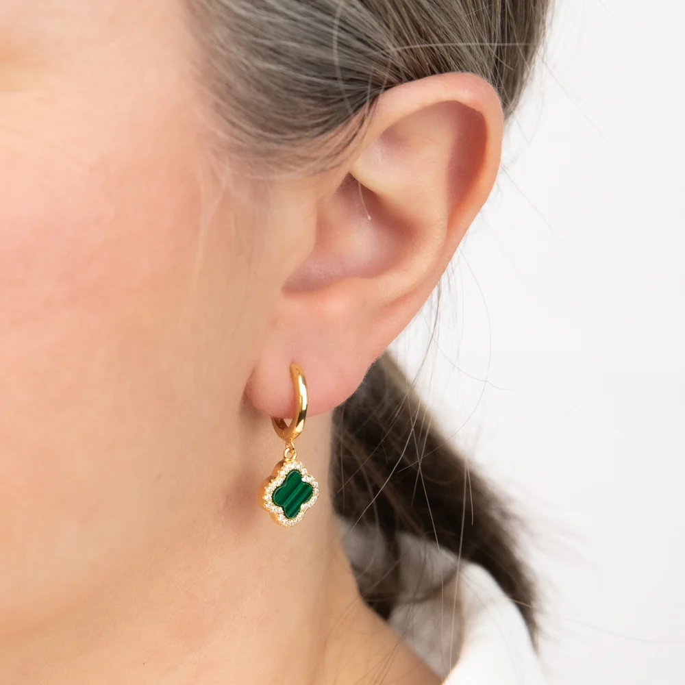 Clover Malachite & White Cubic Zirconia Huggy Earrings in Gold Plated Silver - Image 2