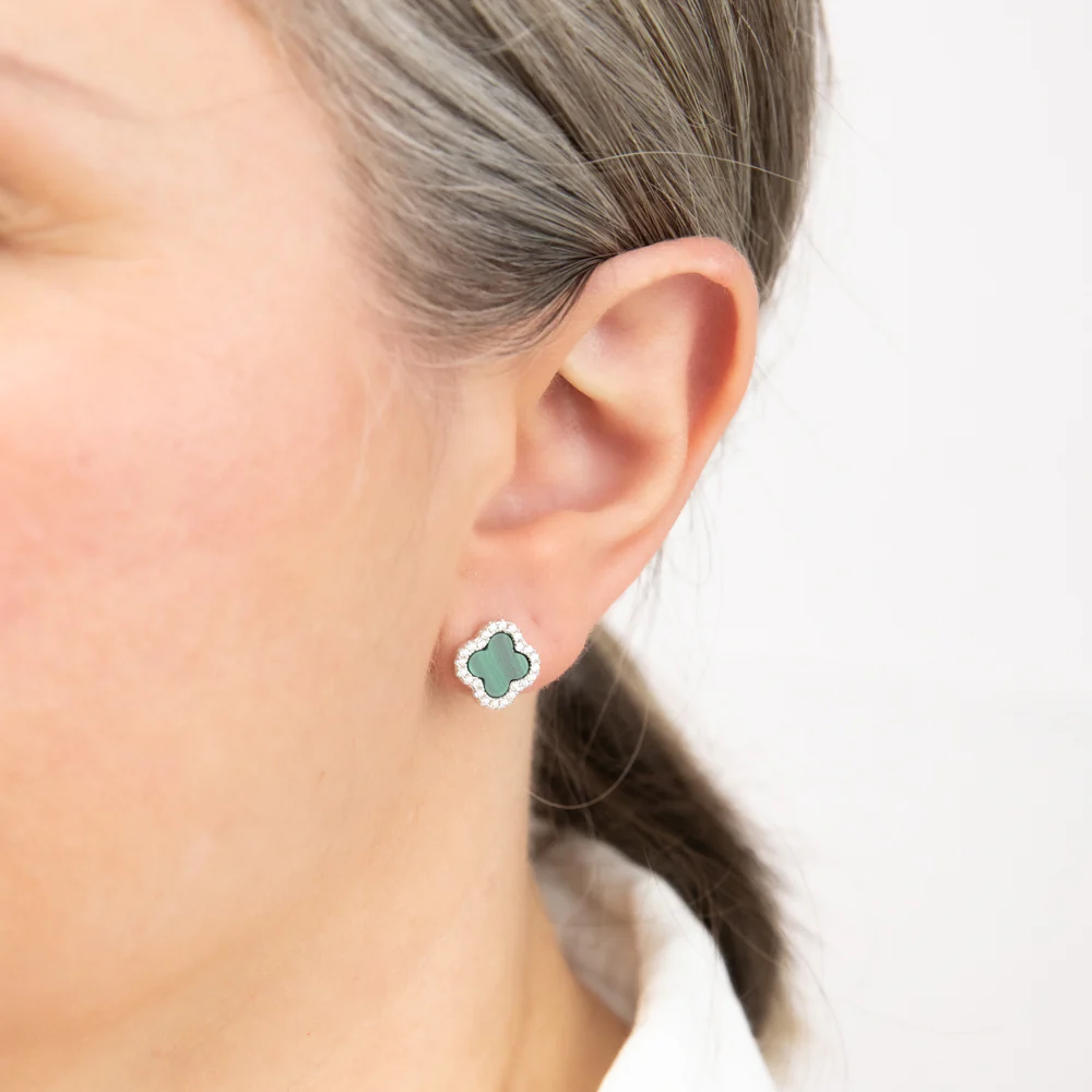 Clover Malachite & White Cubic Zirconia Stud Earrings in Sterling Silver Rhodium Plated - Image 2