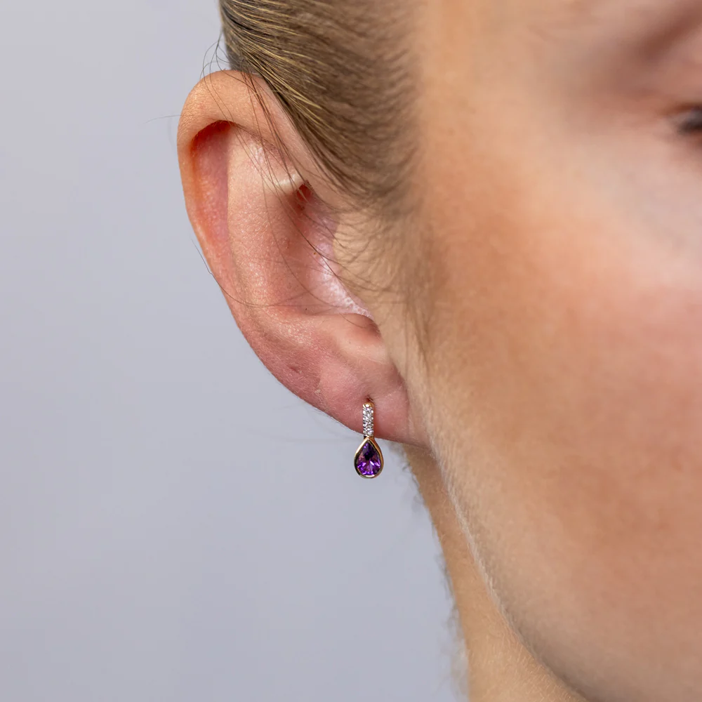 Created Amethyst and Diamond Drop Earrings in 9ct Yellow Gold - Image 2