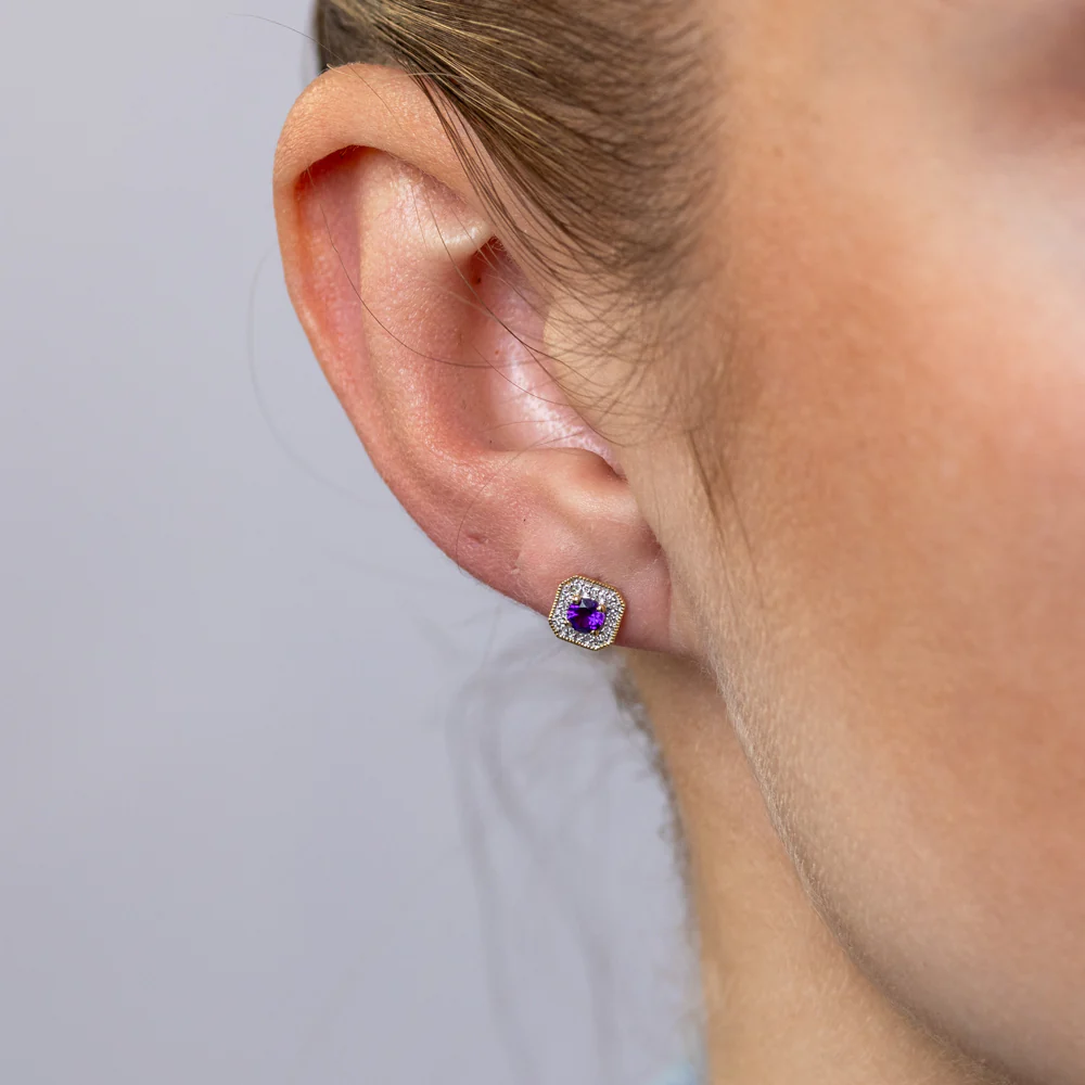 Created Amethyst and Diamond Stud Earrings in 9ct Yellow Gold - Image 2