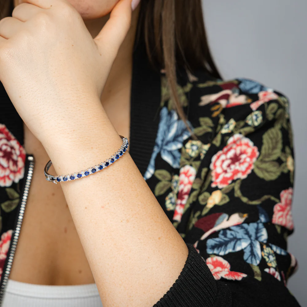 Created Blue Sapphire and Luminesce Lab Grown 1/4 Carat Diamond Bangle in Sterling Silver - Image 2