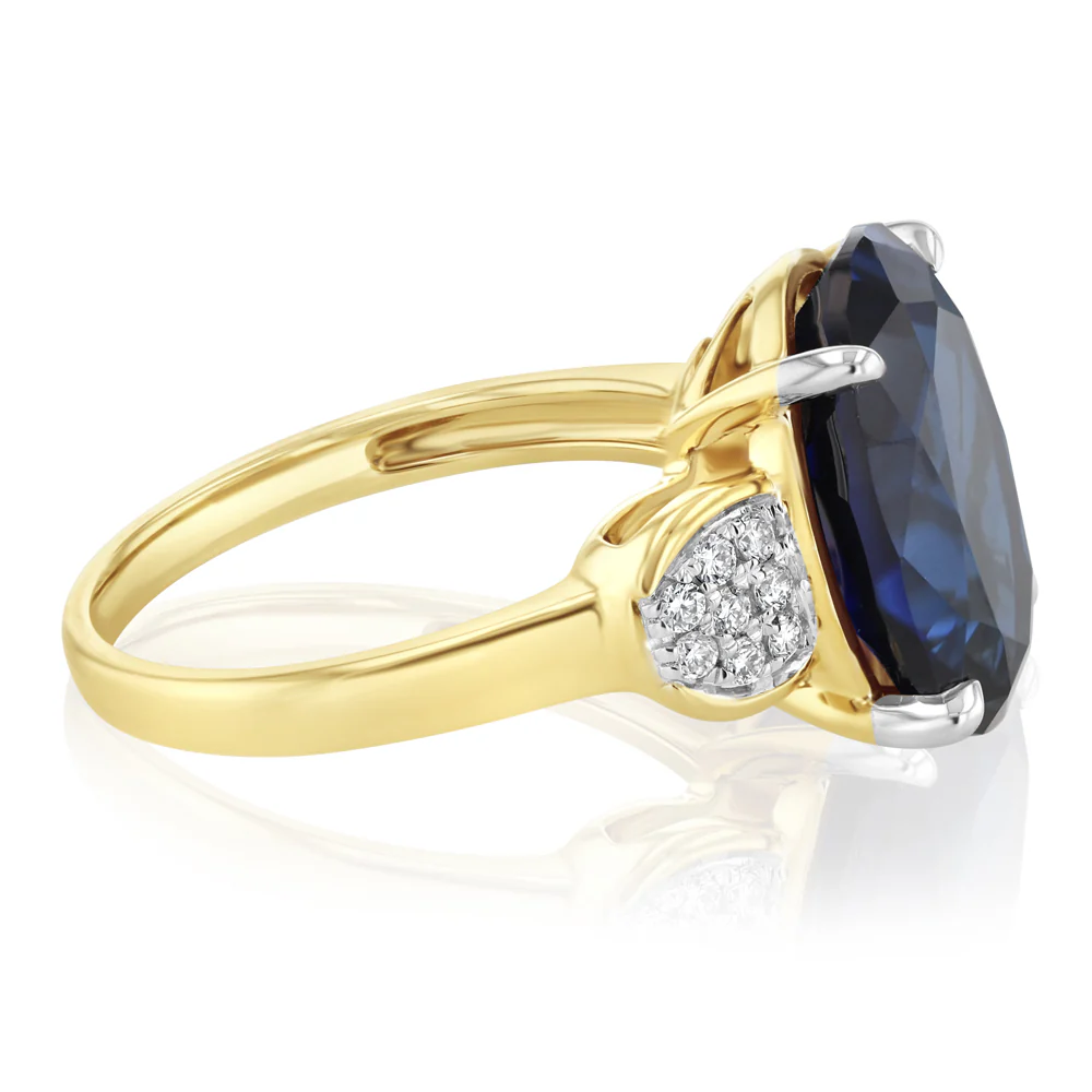 Created Blue Sapphire and Luminesce Lab Grown Diamond Ring in 9ct Yellow Gold - Image 2