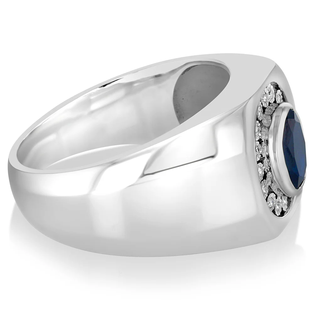 Created Blue Sapphire and Luminesce Lab Grown Gents Ring in Sterling Silver - Image 2