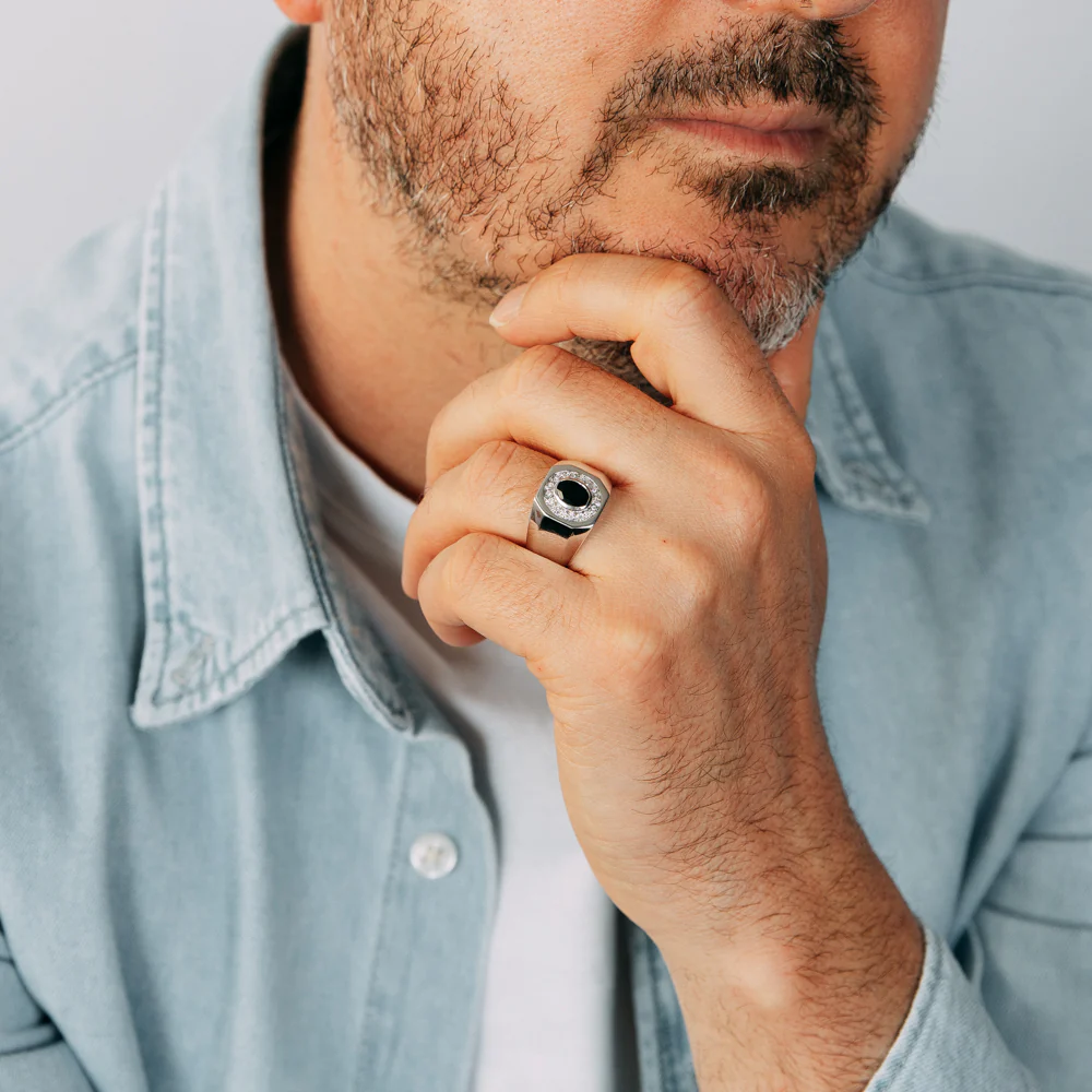 Created Blue Sapphire and Luminesce Lab Grown Gents Ring in Sterling Silver - Image 3