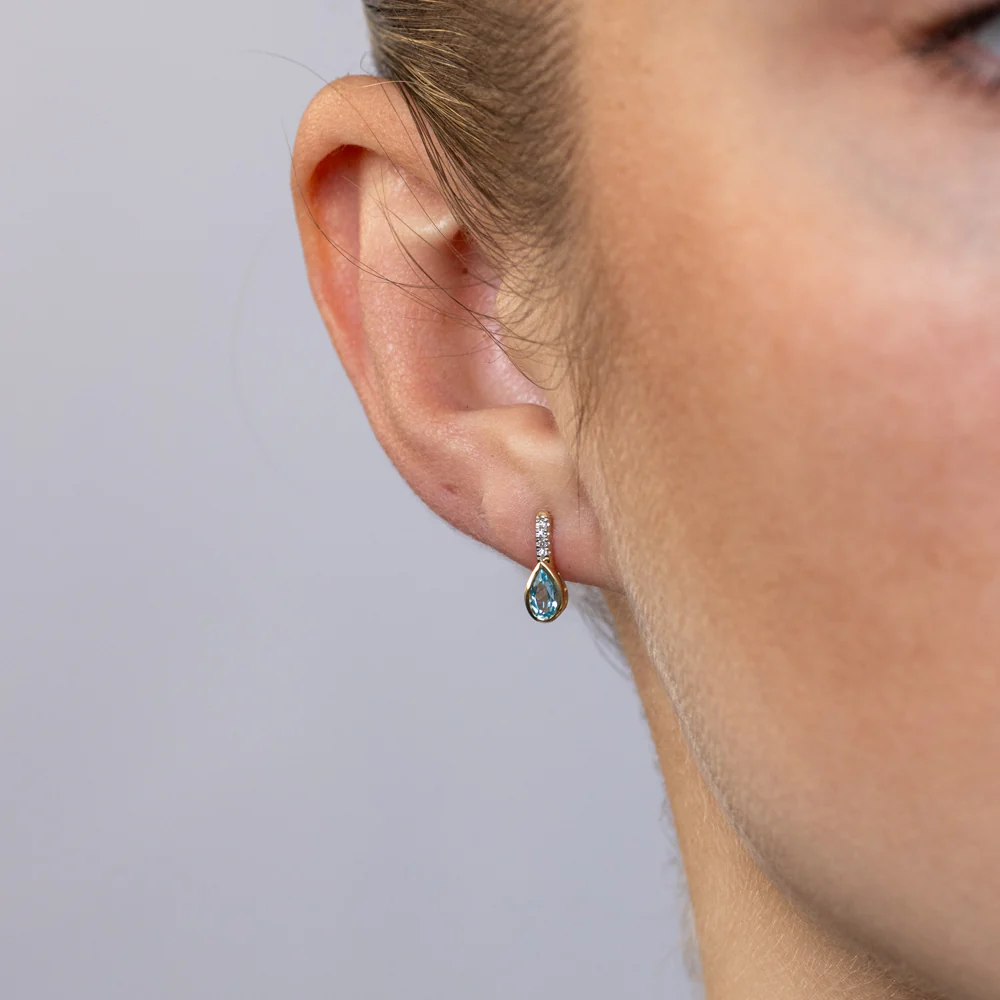 Created Blue Topaz and Diamond Drop Earrings in 9ct Yellow Gold - Image 2