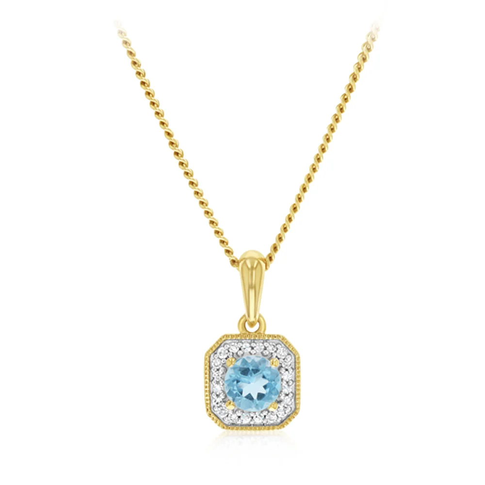 Created Blue Topaz and Diamond Pendant in 9ct Yellow Gold