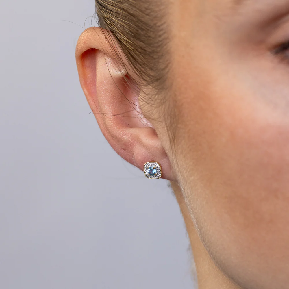Created Blue Topaz and Diamond Stud Earrings in 9ct Yellow Gold - Image 2