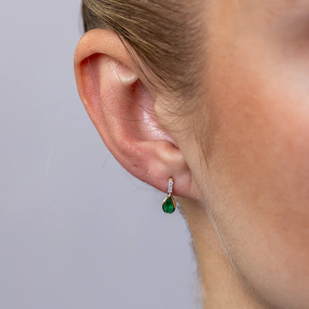 Created Emerald and Diamond Drop Earrings in 9ct Yellow Gold - Image 2