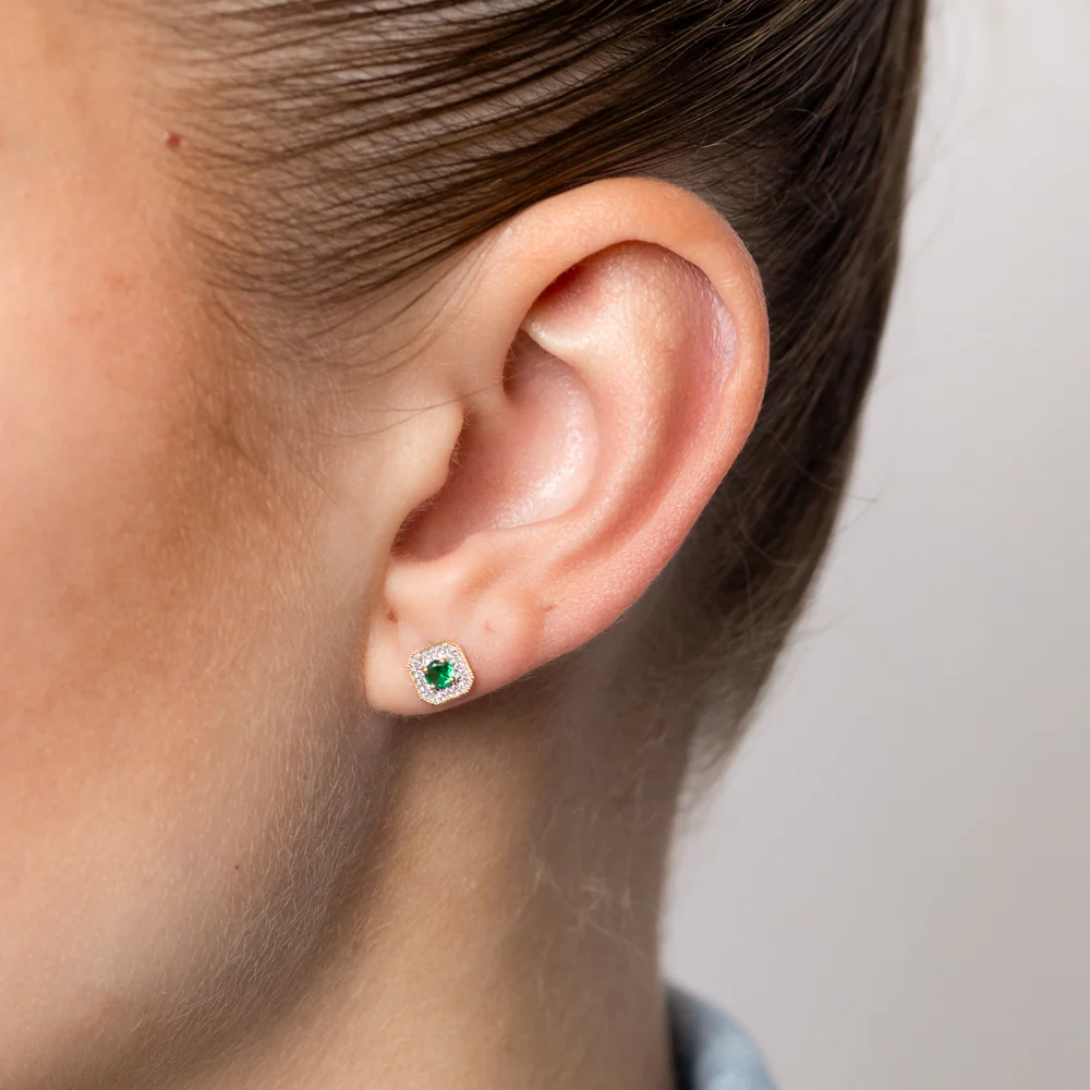 Created Emerald and Diamond Stud Earrings in 9ct Yellow Gold - Image 2