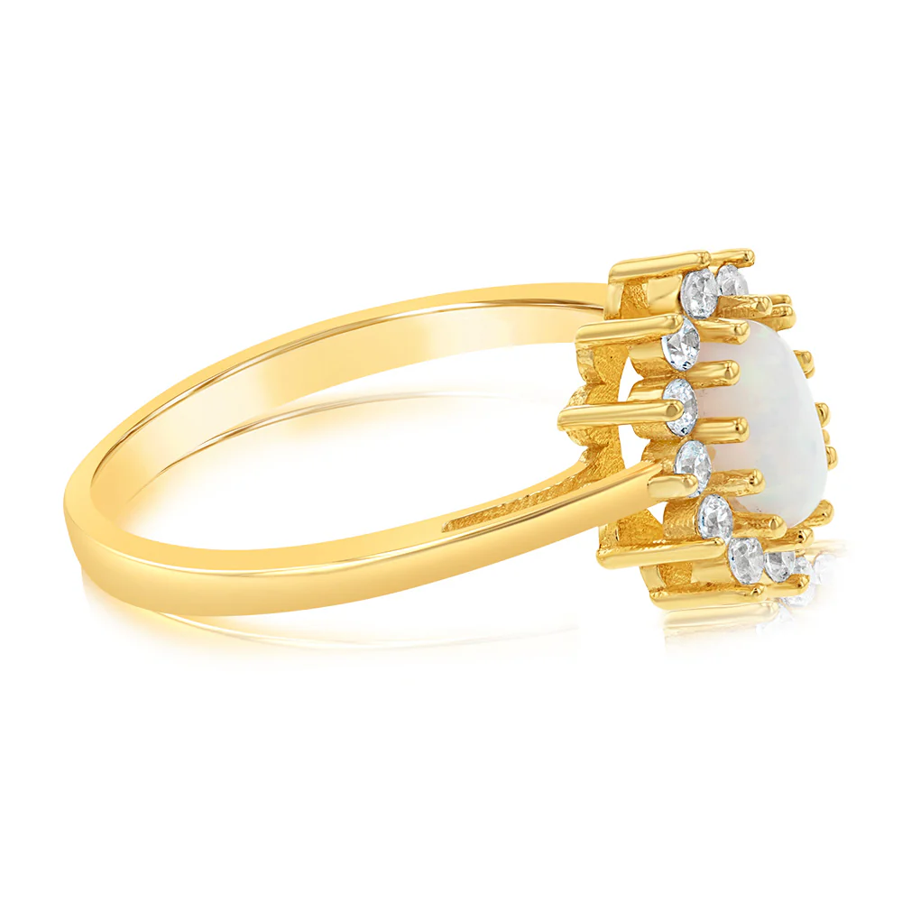 Created Opal and Cubic Zirconia Oval Flower Ring in 9ct Yellow Gold - Image 2