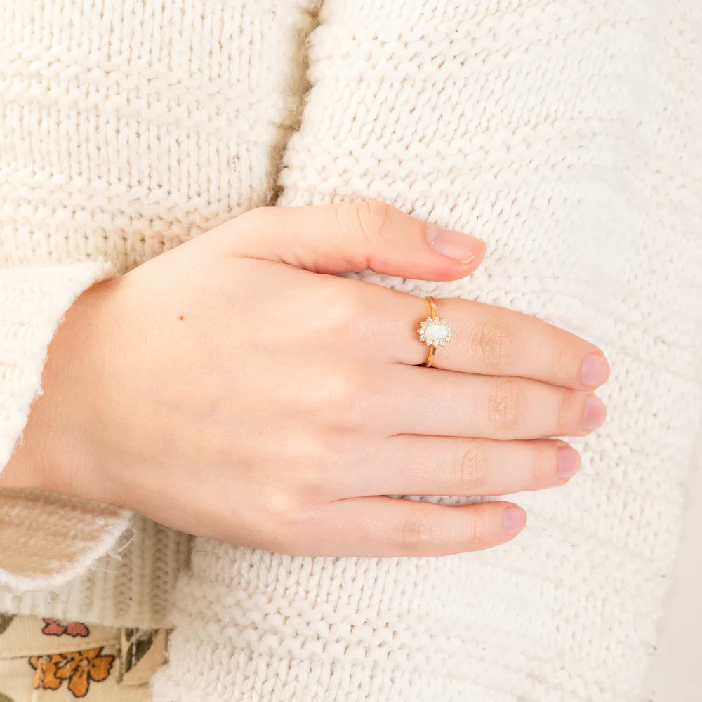 Created Opal and Cubic Zirconia Oval Flower Ring in 9ct Yellow Gold - Image 3