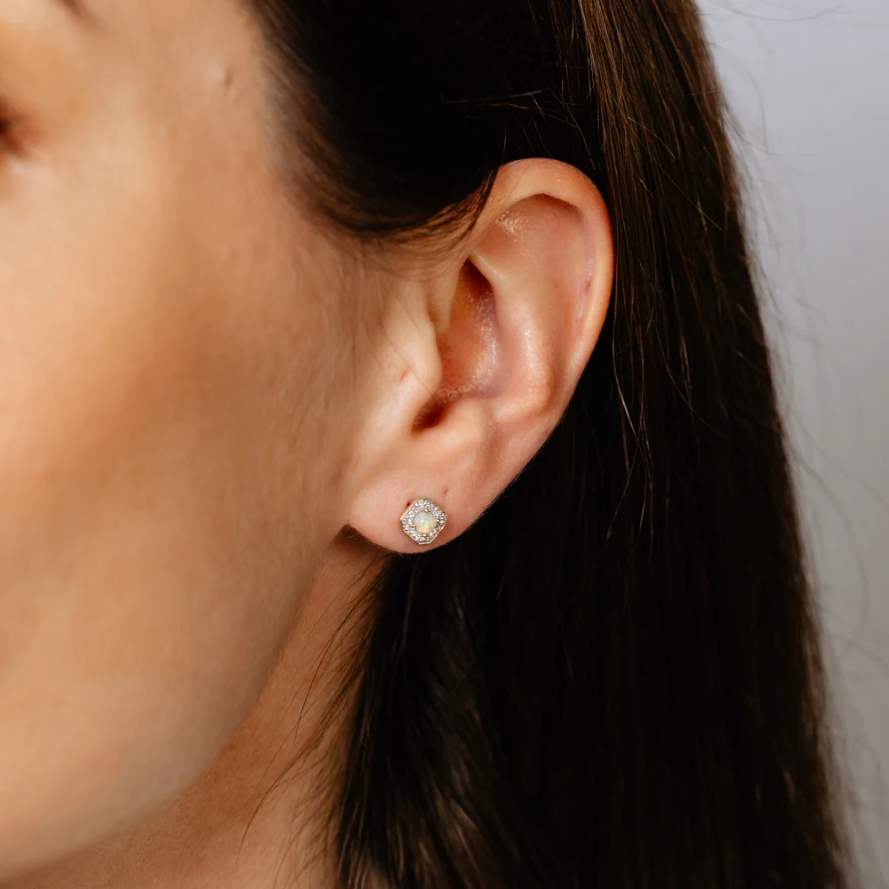 Created Opal and Diamond Stud Earrings in 9ct Yellow Gold - Image 2