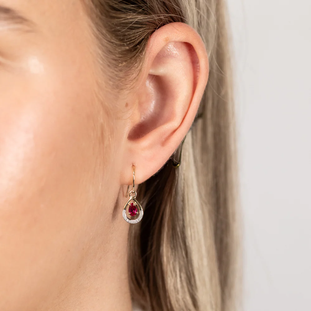 Created Pear Cut Ruby & Small Diamond Drop Earrings in 9ct Yellow gold - Image 2