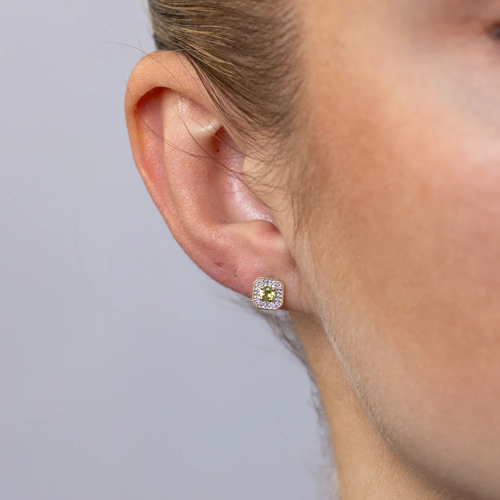 Created Peridot and Diamond Stud Earrings in 9ct Yellow Gold - Image 2