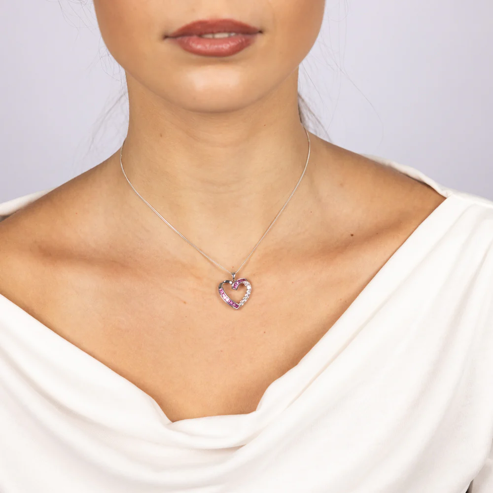 Created Pink Sapphire & Created White Sapphire Heart Pendant Sterling Silver - Image 2