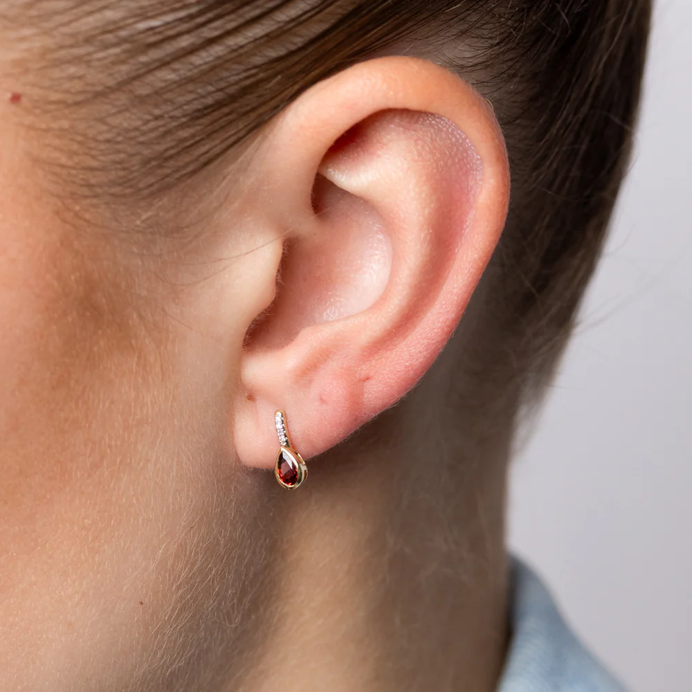 Created Red Garnet and Diamond Drop Earrings in 9ct Yellow Gold - Image 2