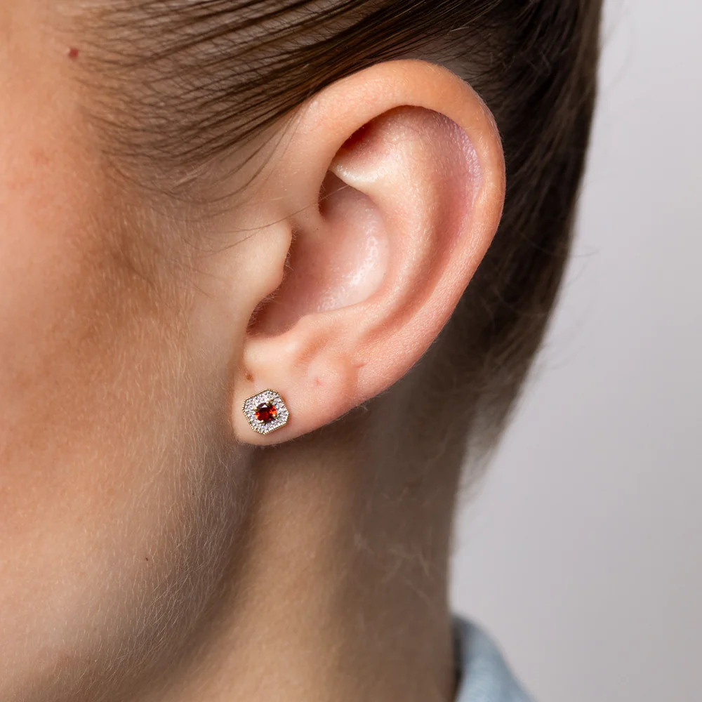 Created Red Garnet and Diamond Stud Earrings in 9ct Yellow Gold - Image 2