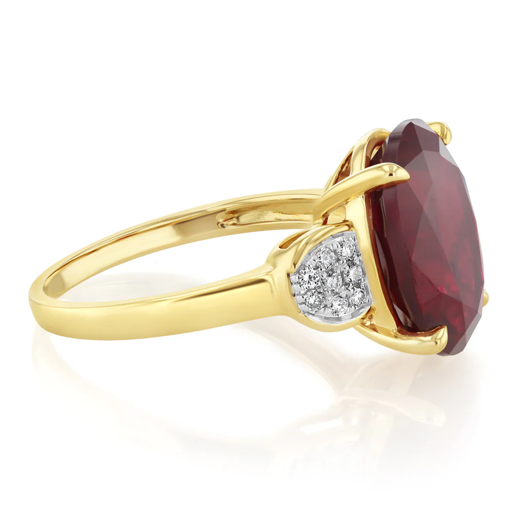 Created Red Sapphire with Luminesce Lab Grown Diamond Ring in 9ct Yellow Gold - Image 2