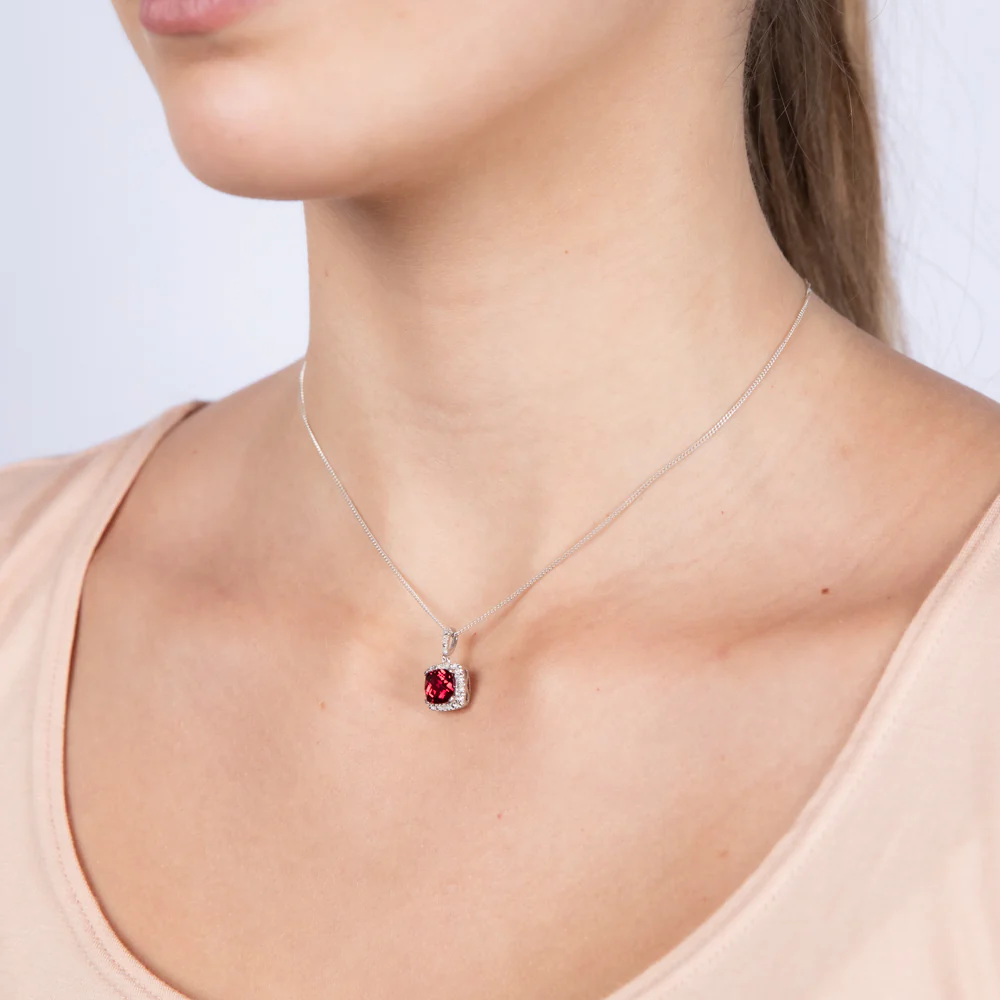 Created Ruby 1.80 Carats 7 Diamonds in Cushion Shaped Pendant Sterling Silver - Image 2