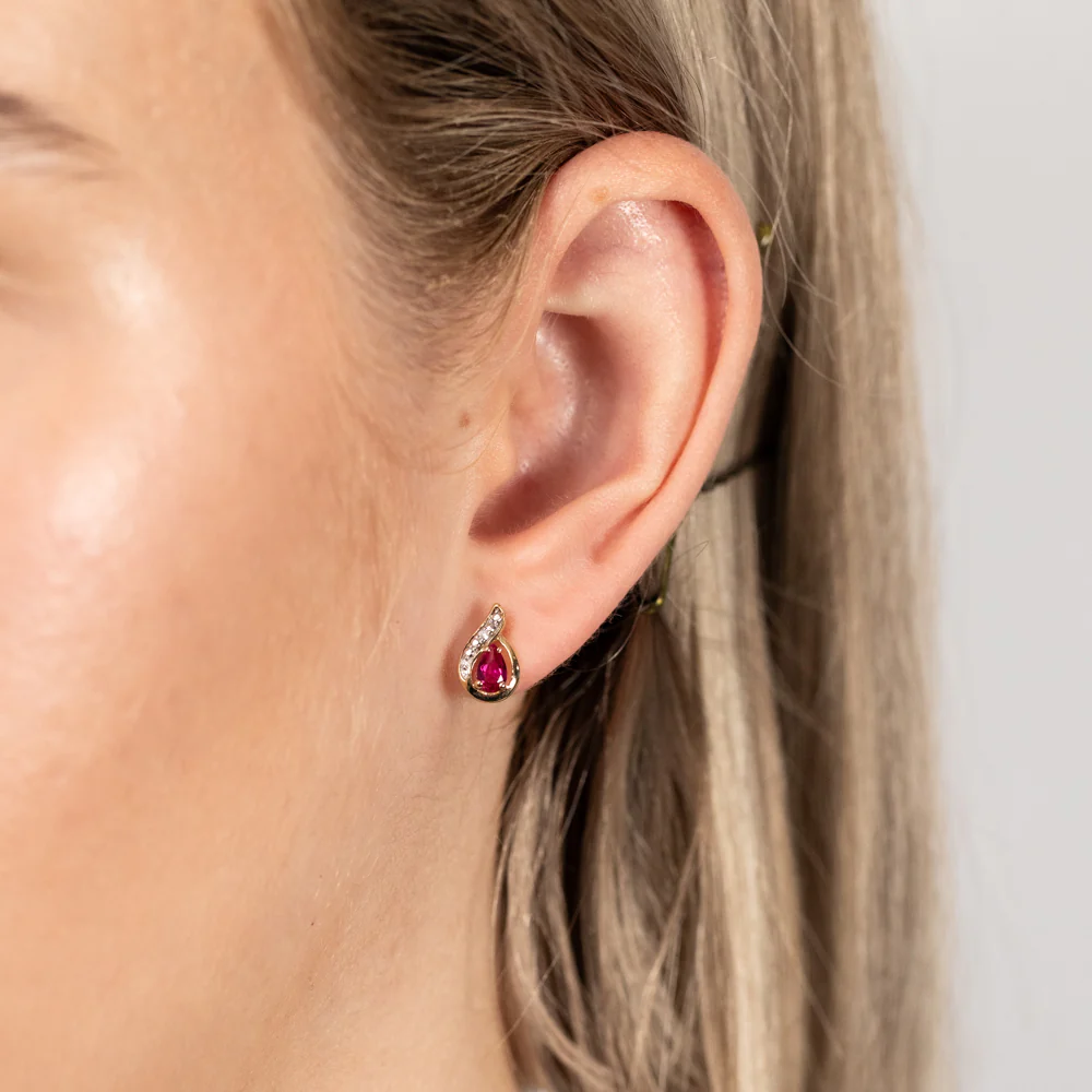 Created Ruby 3x5mm Stud Earrings in 9ct Yellow Gold - Image 2