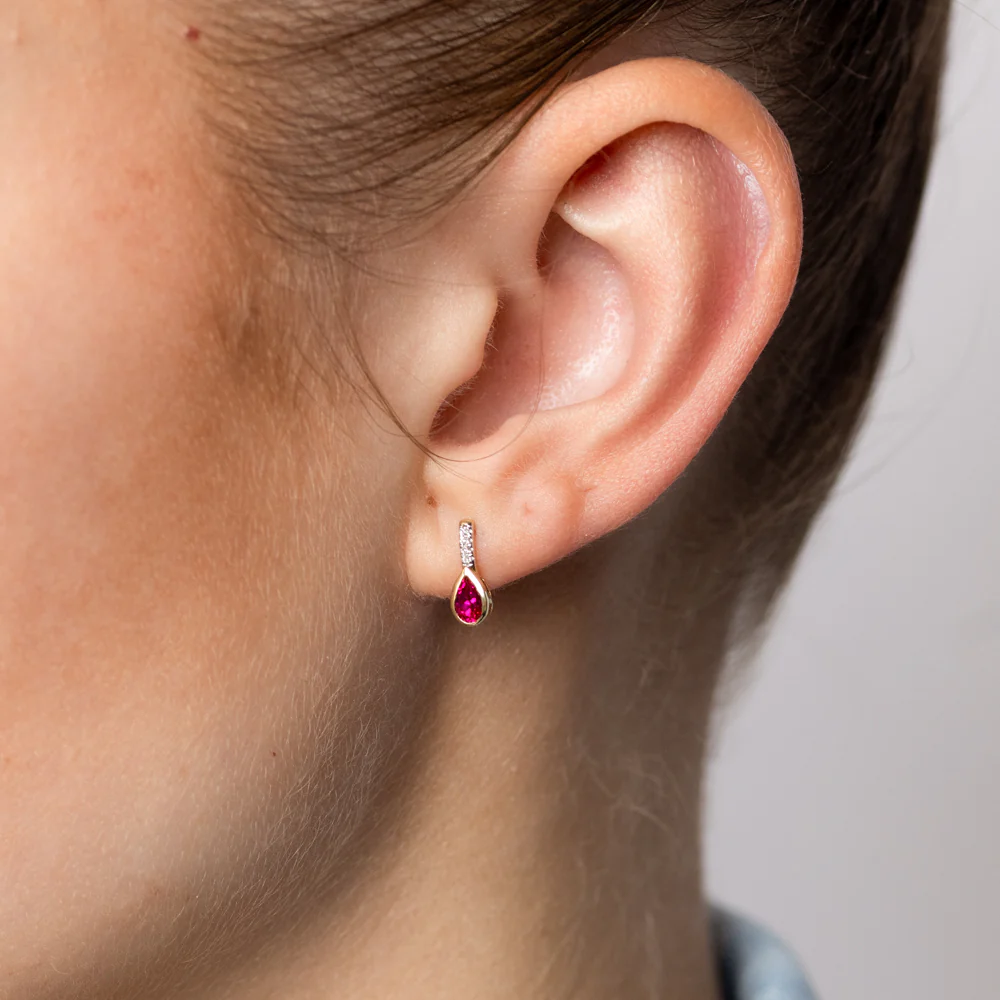 Created Ruby and Diamond Drop Earrings in 9ct Yellow Gold - Image 2