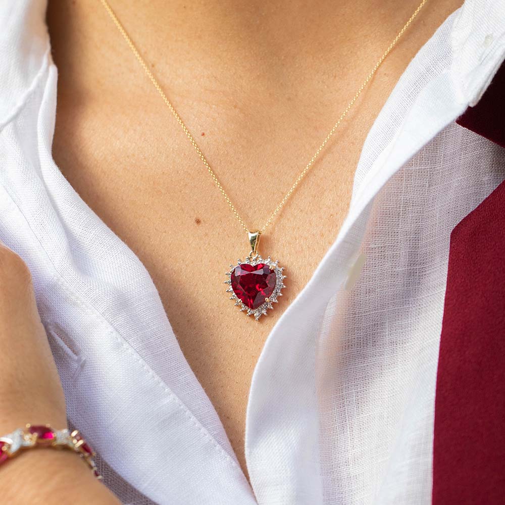 Created Ruby and Diamond Heart Pendant in 9ct Yellow Gold - Image 3