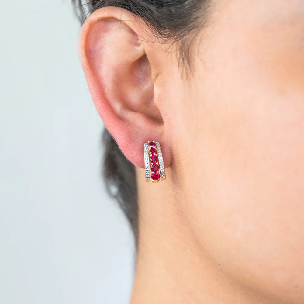 Created Ruby and Diamond Huggie Hoop Earrings in 9ct Yellow Gold - Image 2