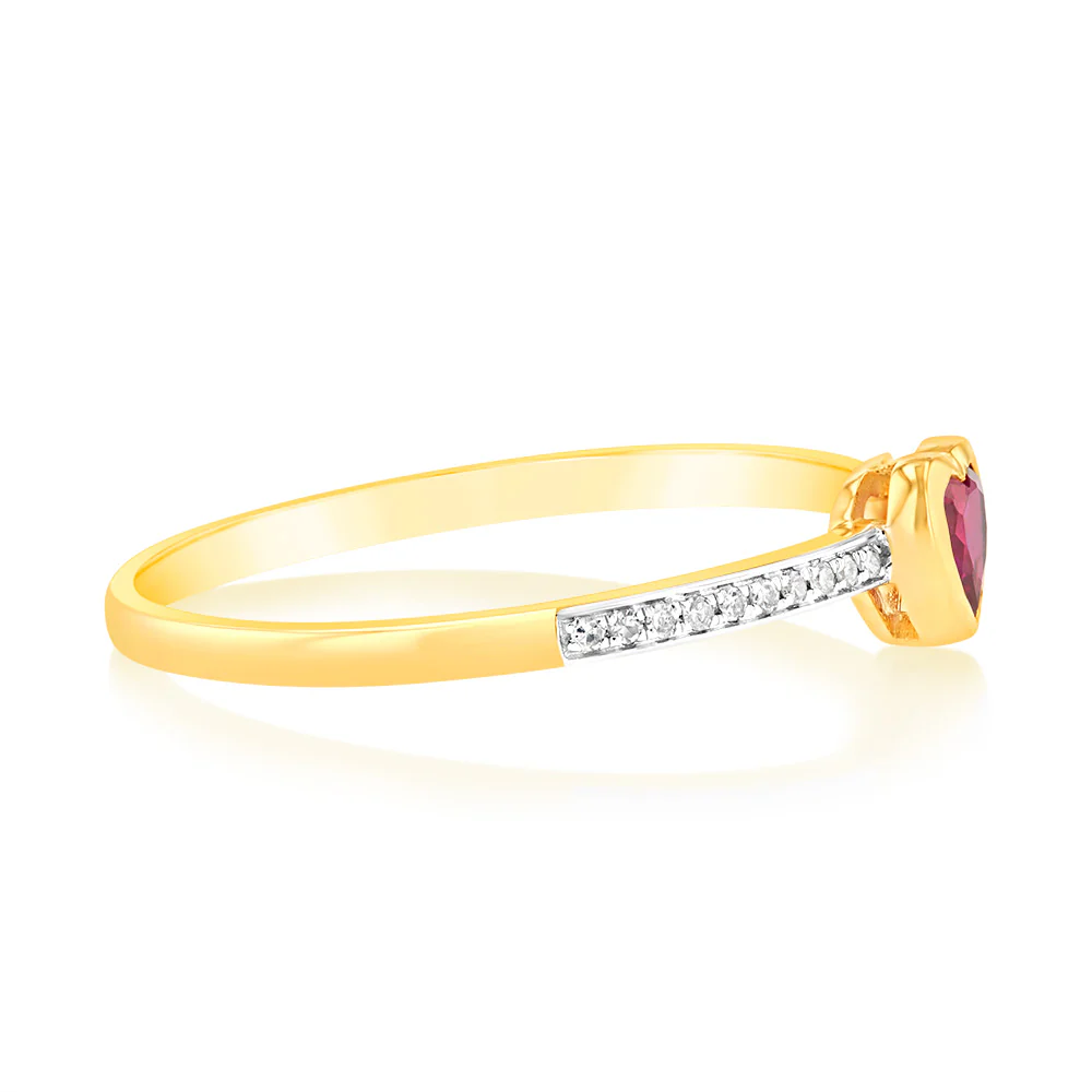Created Ruby & Heart Shaped Diamond Ring in 9ct Yellow Gold - Image 2