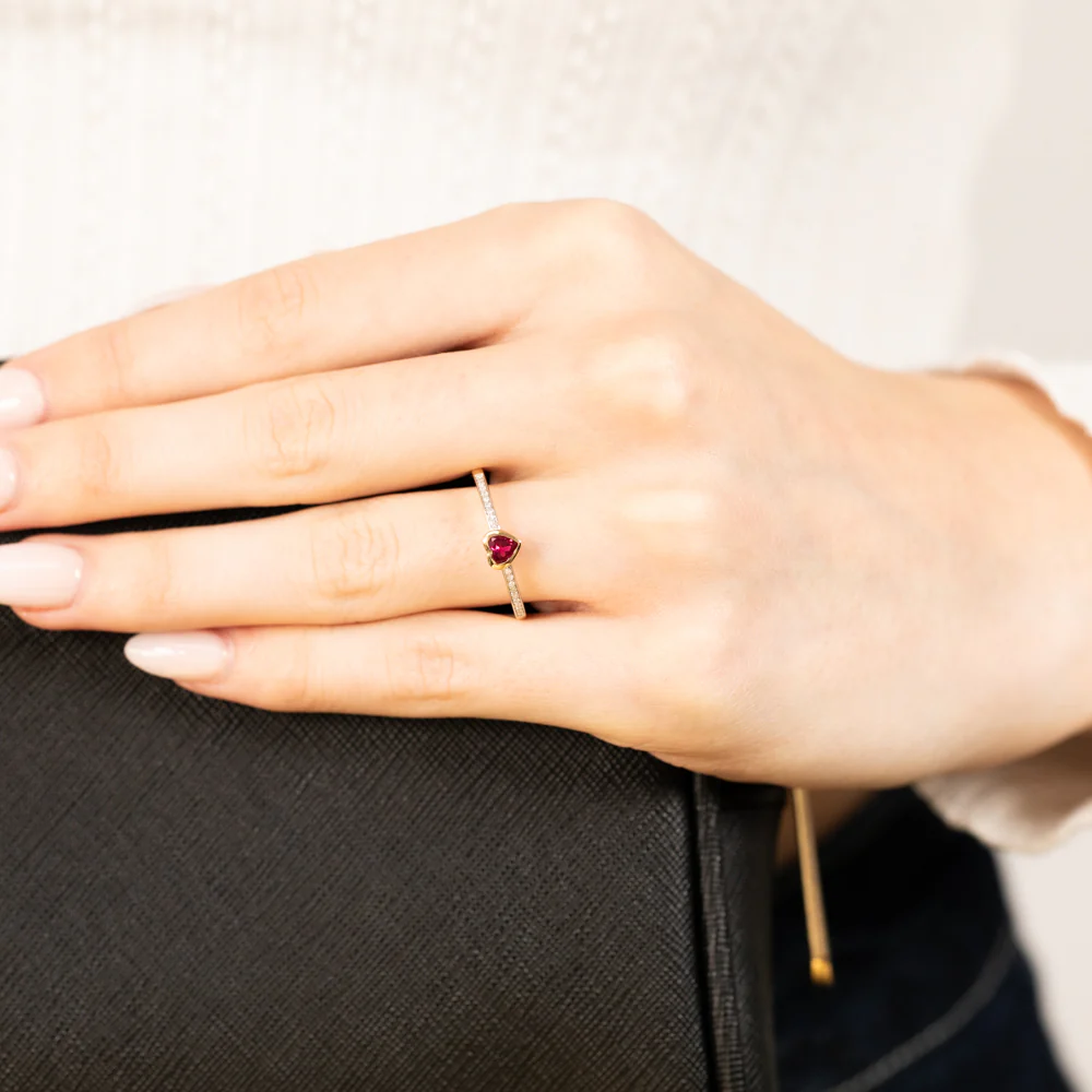 Created Ruby & Heart Shaped Diamond Ring in 9ct Yellow Gold - Image 3