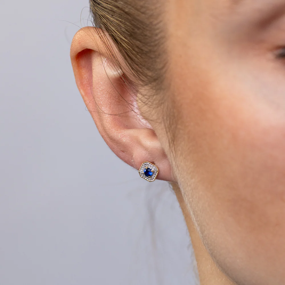 Created Sapphire and Diamond Stud Earrings in 9ct Yellow Gold - Image 2