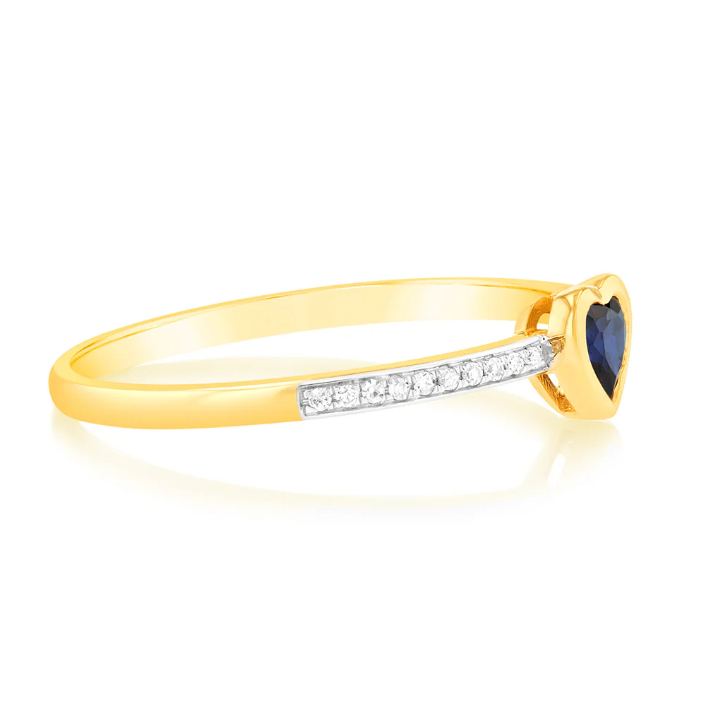 Created Sapphire & Heart Shaped Diamond Ring in 9ct Yellow Gold - Image 2
