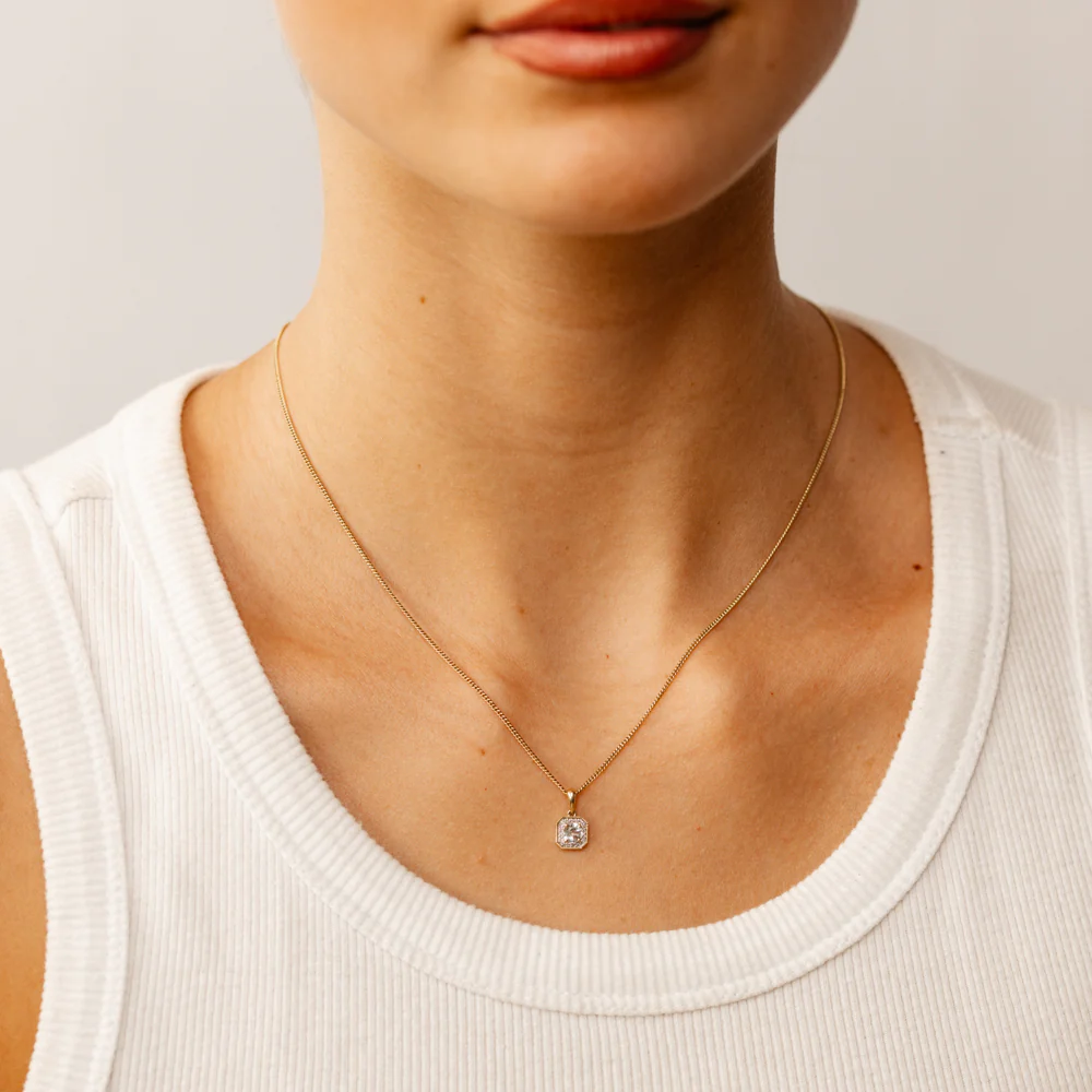Created White Topaz and Diamond Pendant in 9ct Yellow Gold - Image 2