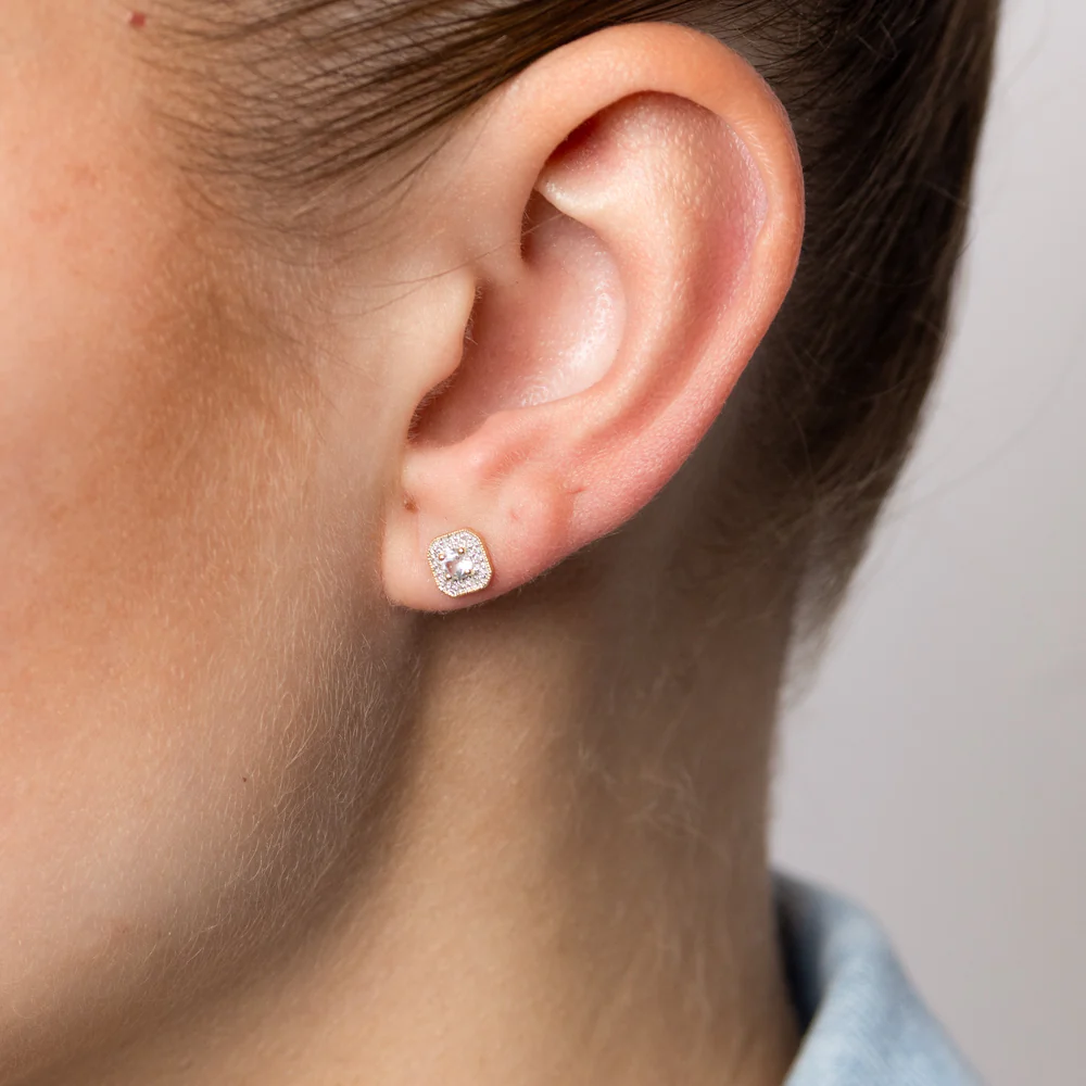 Created White Topaz and Diamond Stud Earrings in 9ct Yellow Gold - Image 2
