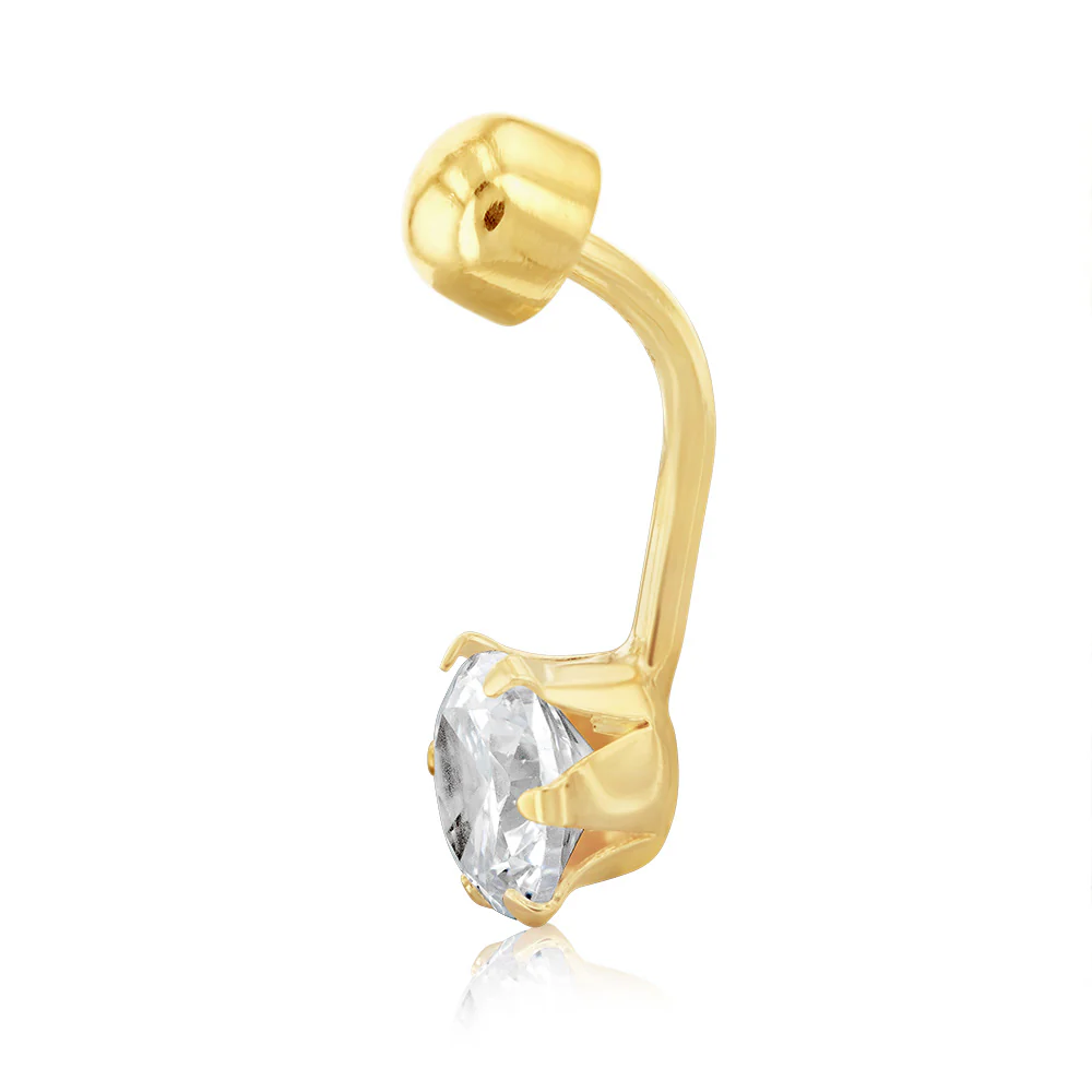 Cubic Zirconia 6 Claw Belly Bar in 9ct Yellow Gold - Image 2