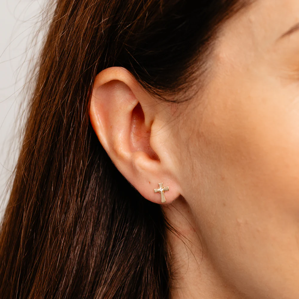 Cubic Zirconia Cross Stud Earrings in 9ct Yellow Gold - Image 2