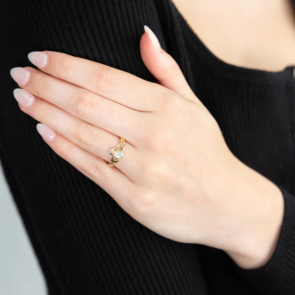 Cubic Zirconia Heart Claddagh Ring in 9ct Yellow Gold - Image 3