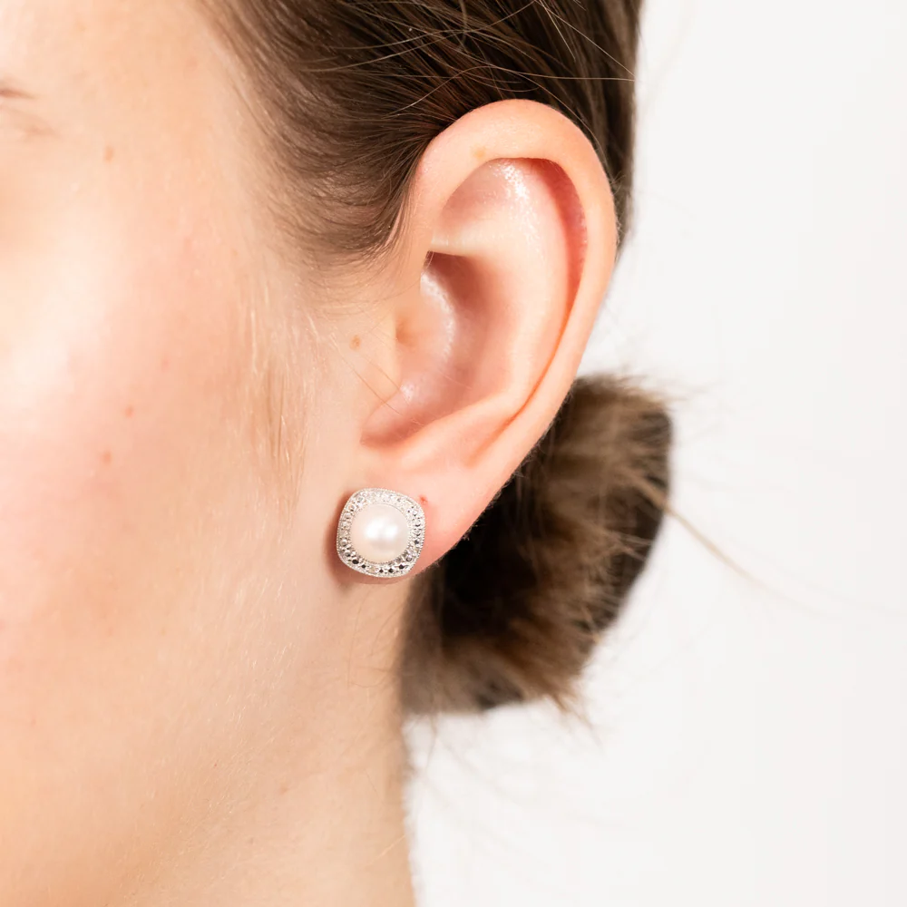 Cultured Pearl & 05Pts Diamond Stud Earrings In Sterling Silver - Image 2