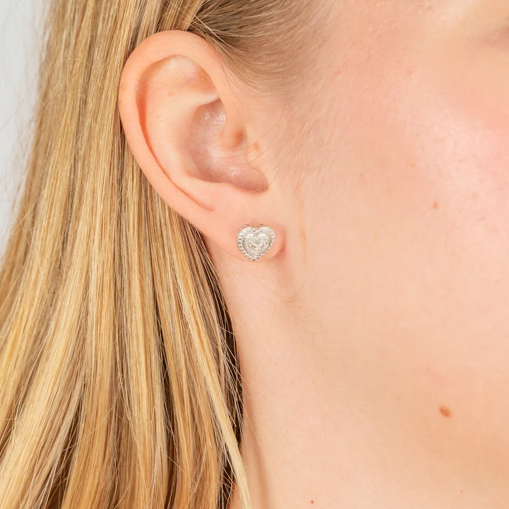 Diamond Heart Shape Earring Studs in Sterling Silver - Image 2