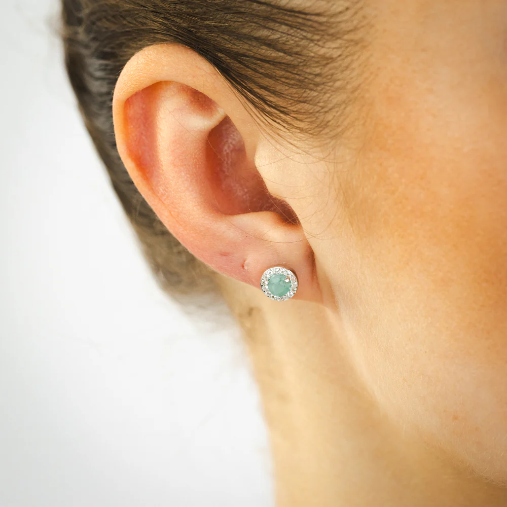 Emerald Halo Stud Earrings in Sterling Silver - Image 2