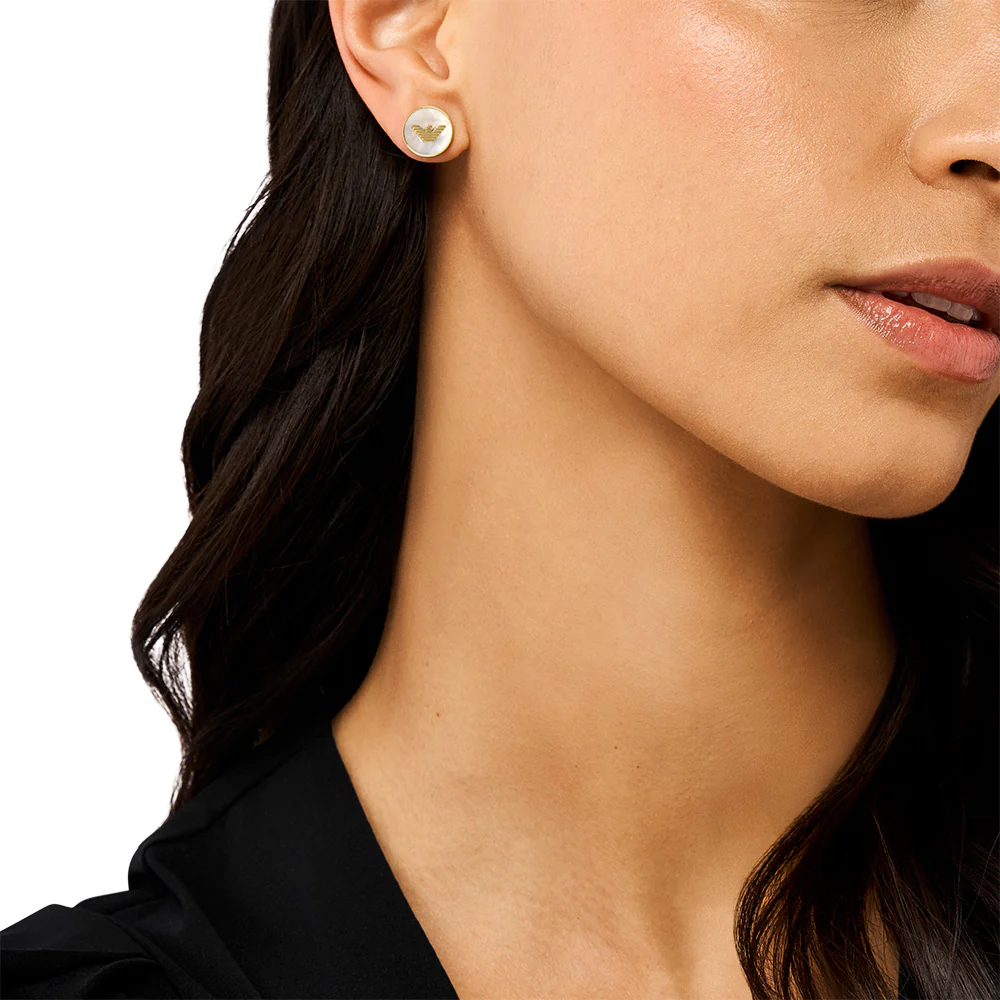 Emporio Armani Gold Plated Brass Mother Of Pearl Eagle Logo Stud Earrings - Image 3