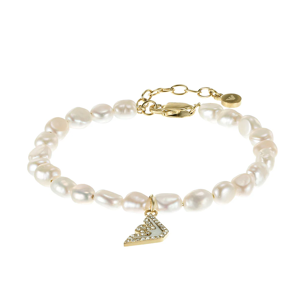Emporio Armani Gold Plated Stainless Steel Sentimental Logo White Beads Bracelet - Image 5